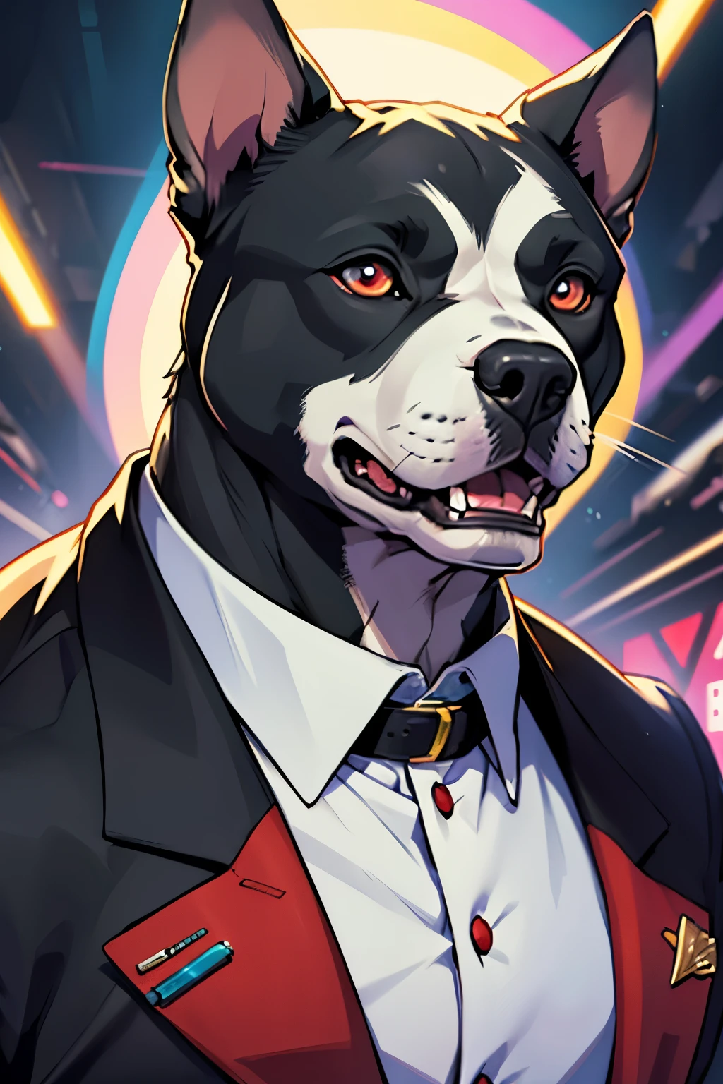 A cartoon pitbull with high spirit and bloodshot eyes, accentuating its energetic and lively demeanor. Its vivid and colorful fur shines under the bright lights, enhancing its charisma and making it the epitome of a pimp's faithful companion. The pitbull's eyes, full of intensity and mischief, are constantly darting around, never missing a single detail in its surroundings. Best quality: 4k, 8K, high resolution, masterpiece: 1.4.