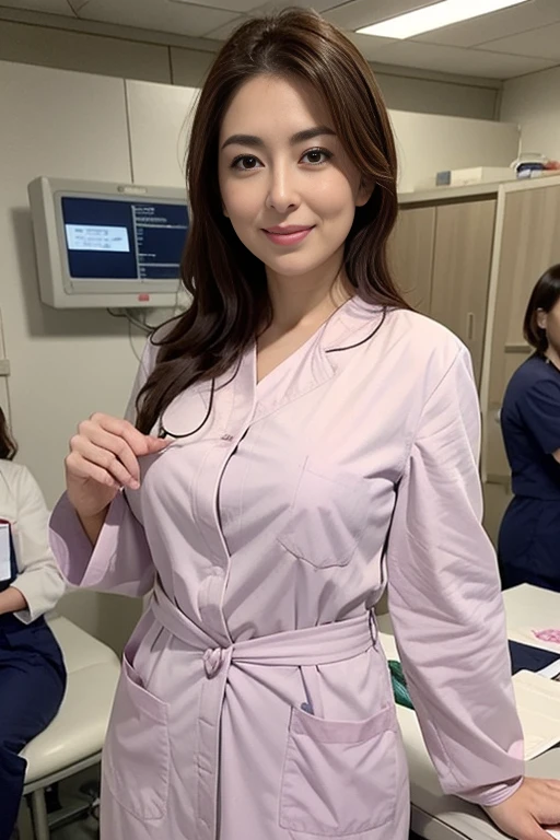 ((she is a doctor:1.1)), ((big tits:1.1)), (Wearing a scrub suit in the operating room:1.3), (doctor in a white lab coat:1.1), (Doctor's attire), masutepiece, Best Quality, Ultra-detailed, finely detail, hight resolution, 8K Wallpaper, Perfect dynamic composition, Beautiful detailed eyes, mid-chest, Natural Color Lip, Random and sexy poses, Smile,28 years beautiful women, Examination room, stethoscope