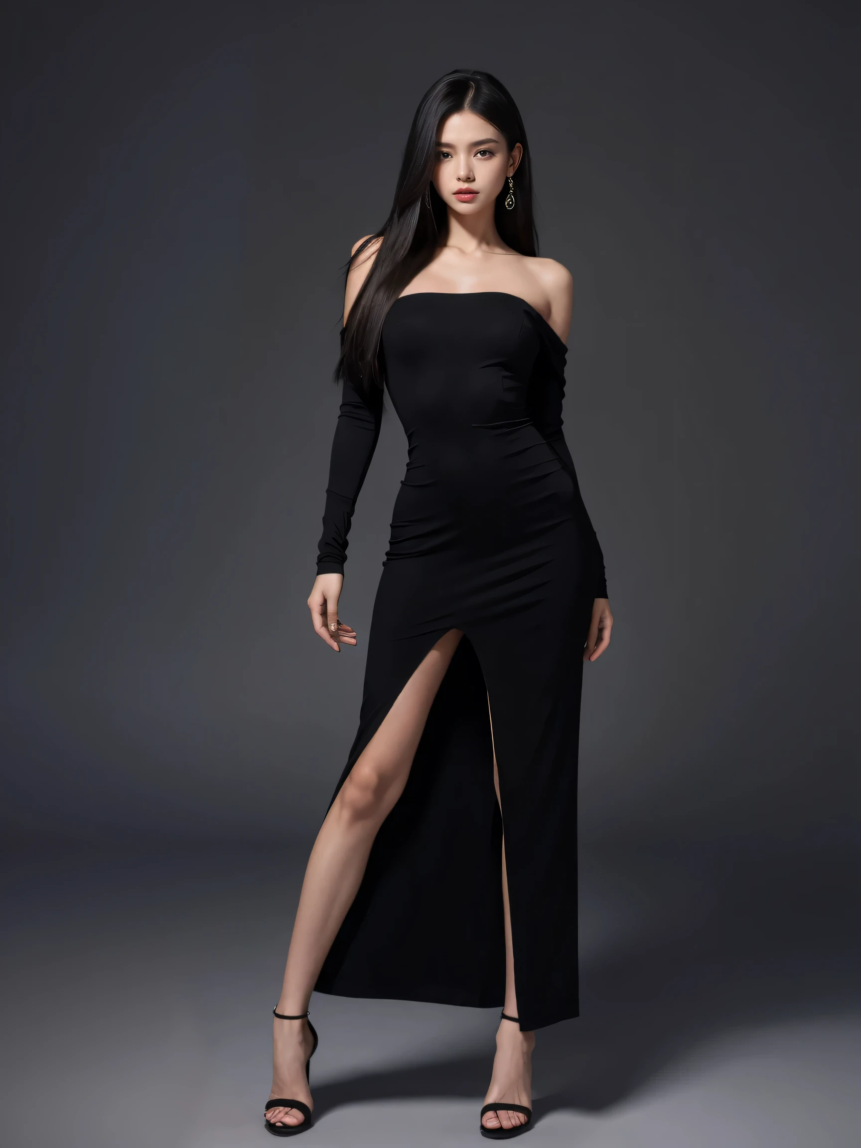 Generate an image featuring a woman with glossy black hair, styled with precision and shine. Emphasize her radiant flawless skin, captivating expressive eyes with a subtle sparkle, and perfectly manicured eyebrows. Dress her in a chic, form-fitting black dress that complements her figure, and add a touch of sophistication with minimalistic jewelry. Frame the shot with attention to composition, incorporating elements such as rule of thirds, balanced lighting, and a soft background blur to highlight the subject. Implement cinematic effects like chiaroscuro to enhance the overall atmosphere, creating a visually compelling image that seamlessly blends modern elegance with artistic finesse.