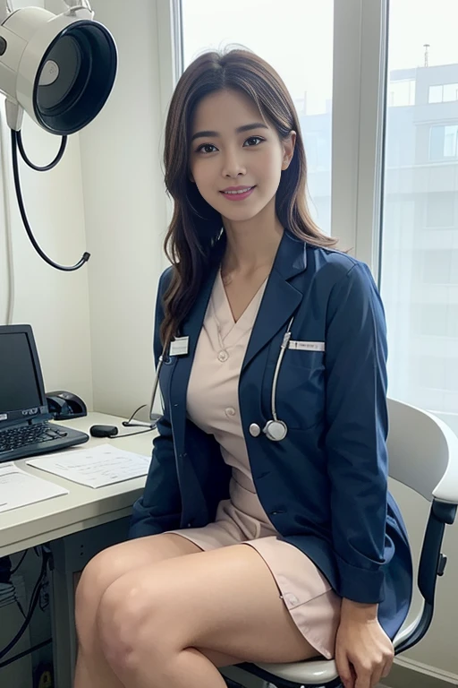 ((she is a doctor:1.1)), ((big tits:1.1)), (Wearing a scrub suit in the operating room:1.3), (doctor in a white lab coat:1.1), (Doctor's attire), masutepiece, Best Quality, Ultra-detailed, finely detail, hight resolution, 8K Wallpaper, Perfect dynamic composition, Beautiful detailed eyes, mid-chest, Natural Color Lip, Random and sexy poses, Smile,28 years beautiful women, Examination room, stethoscope