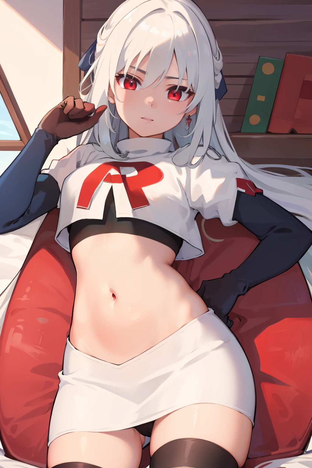 (8k uhd, masterpiece, best quality, high quality, absurdres, ultra-detailed, detailed background), JingliuV5, 1girl, solo, red eyes, looking at viewer, navel, jewelry, team rocket,team rocket uniform,white skirt,crop top,black thigh-highs,black elbow gloves