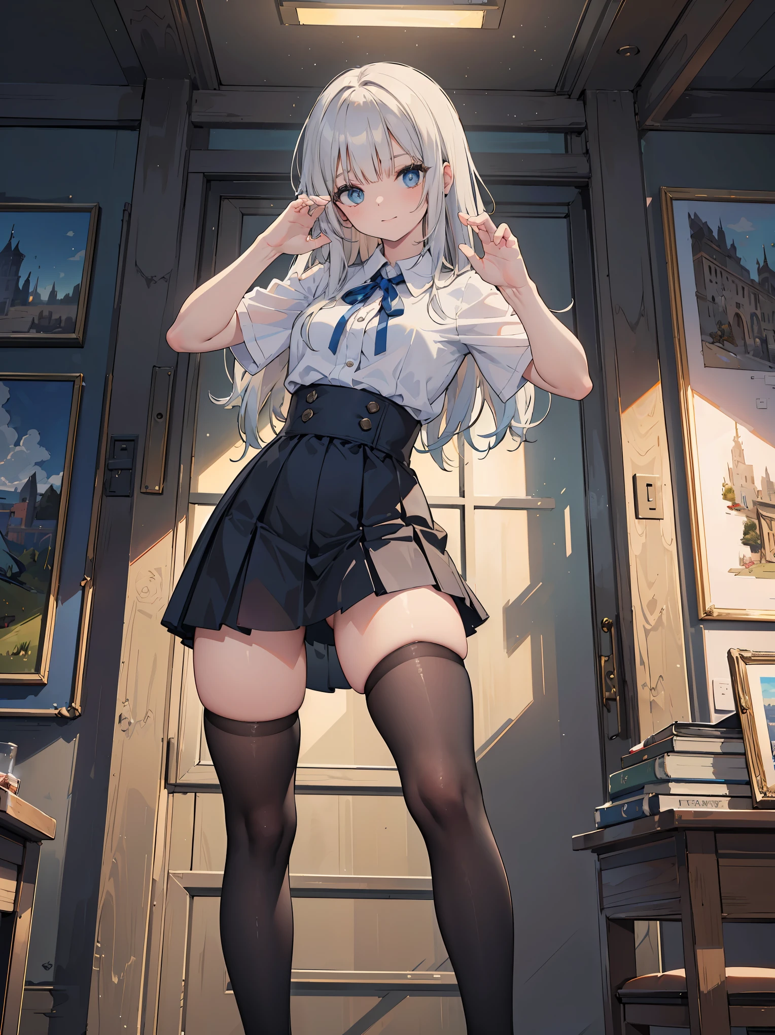 (Masterpiece: 1.1), (Best Quality: 1.0), (Ultra HD: 1.0), (8k Resolution: 1.2), (Real: 1.0), (Ultra Detail 1:0), (RAW Photo: 1.1), Bird's Eye View angle, Shibuya_\(Japan\), outdoors, 1 girl, bangs, sexy pink ribbon panties, breasts, clavicle, collared shirt, ear piercings, earrings, eyebrows visible through hair, head tilt, jewelry , lifted by myself, blue loose tie, medium chest, piercing, uniform, shirt, solo, underwear, white shirt, embarrassed face, (ear piercing: 1:1), earrings, looking at camera, nail art, nail polish , see-through bangs, light gray hair, (blue skirt), clavicle, thigh gap, small hips, mini skirt, matayomu uniform, (cameltoe: 1.2)