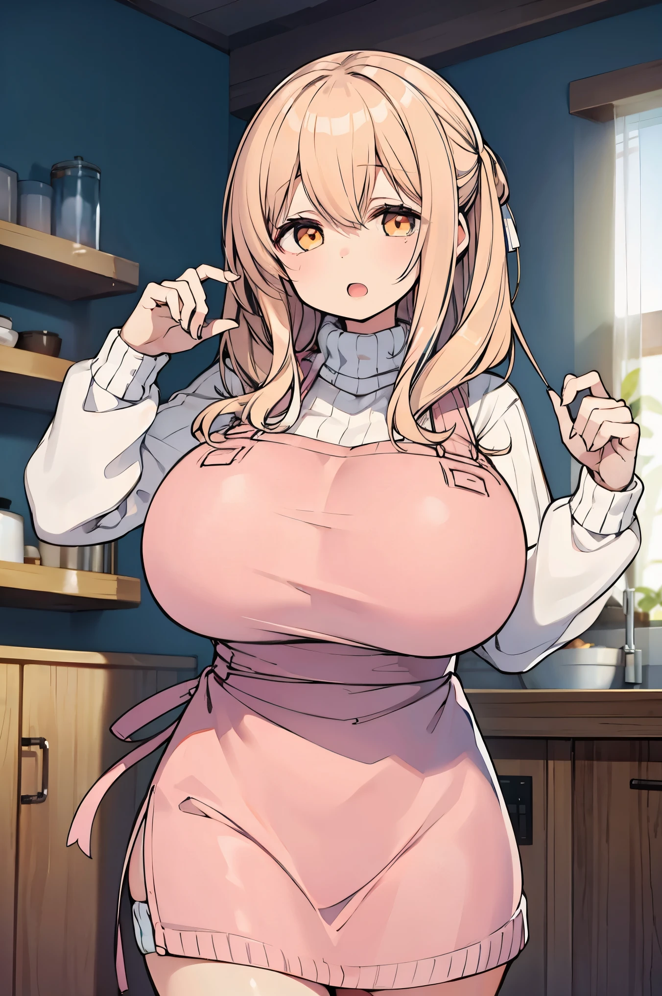 sunohara ayaka,sweater,apron,gigantic breasts