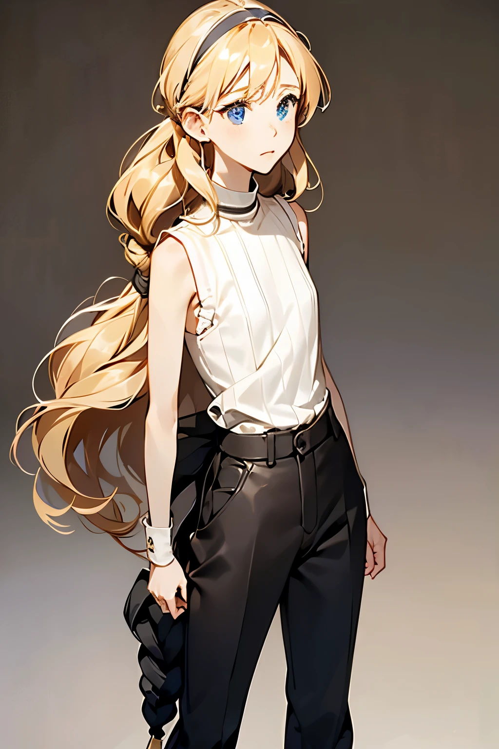 portrait、simple background、I turn my gaze and look up at the sky、12 year old girl、She has long curly blonde hair and wears a hairband.、Small, agile and young with lots of energy、Wear a mature sleeveless sweater、Wear thin slacks pants、He wears fine strapped leather boots.、