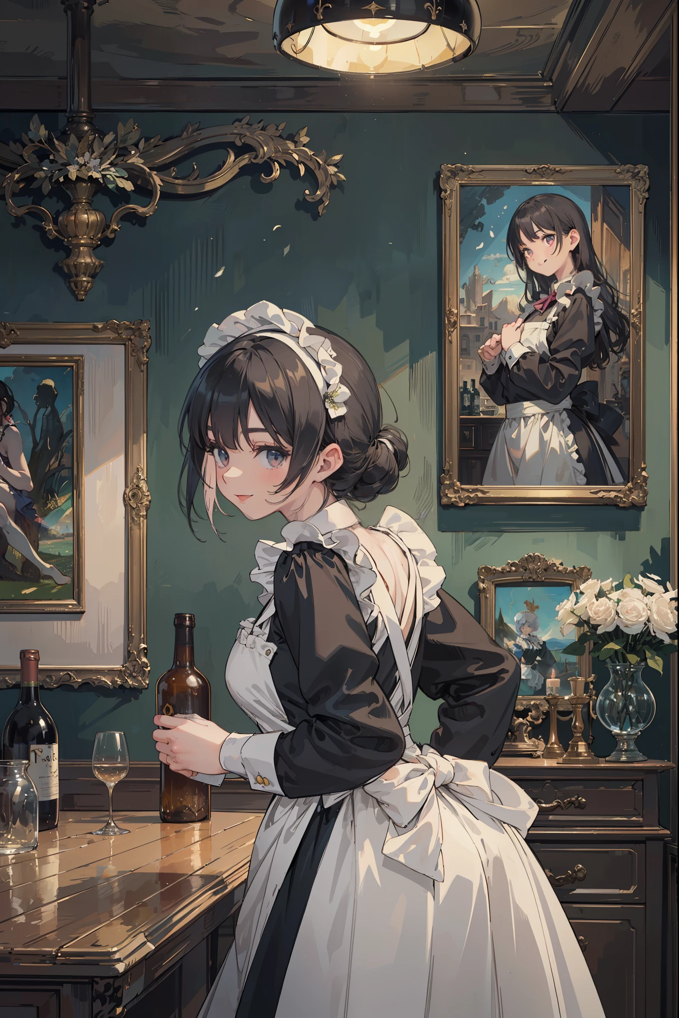 (Superlative work of the creator god: 1.4), (Absolute resolution: 1.4), (God of art's masterpiece: 1.4), Surrealist work, (Complex, detailed and realistic materials, textures, light sources: 1.3), (Perfect Anatomy: 1.2), Create an image of a character in a classic maid attire, within an antique-looking room with warm ambient lighting. The character should be a young woman with a fair complexion and shoulder-length wavy black hair . She is wearing a large white bonnet decorated with a blue ribbon and white flowers. Her maid outfit consists of a black dress with white frills and a white apron featuring black and gray accents. The apron has a large bow tied in the back. has a charming smile and is looking back over her shoulder with playful dark eyes that have pink highlights. In the background, there is a wooden counter, a vintage golden table lamp, and shelves stocked with various bottles, contributing to an elegant and nostalgic atmosphere The setting is reminiscent of a cozy, dimly-lit tavern or vintage cafe. The aspect ratio for the image should be portrait. Pose that captivates men: 1.3), Smile, enchanting genius, ultra-detailed skin, (Best lighting by famous artists: 1.2), 8K, ((Acting instruction of attractive poses by famous masters: 1.6)),