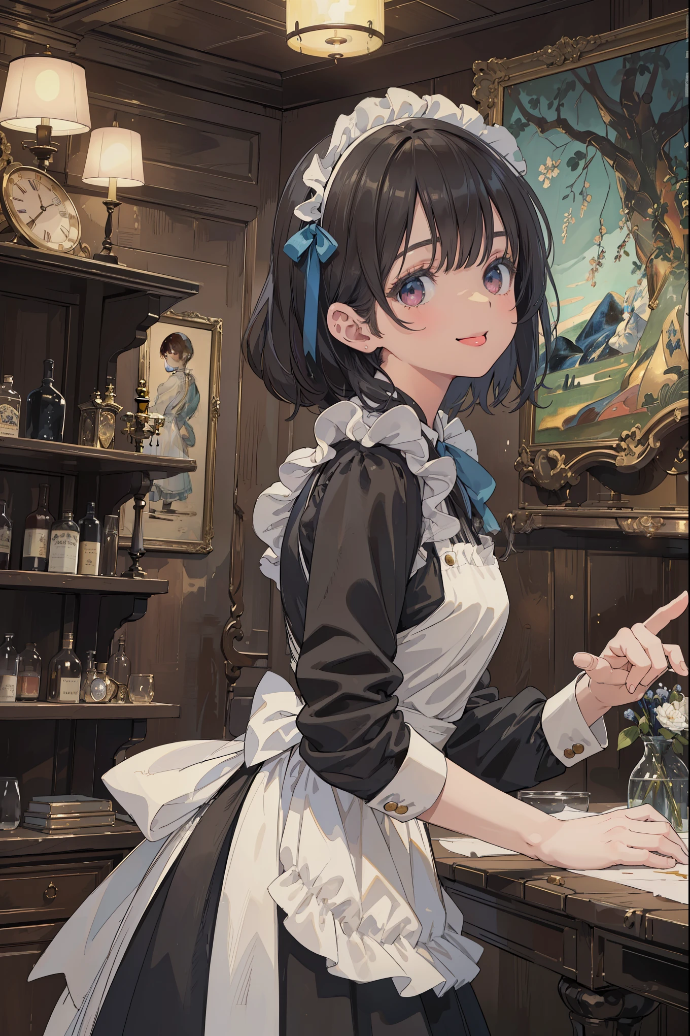 (Superlative work of the creator god: 1.4), (Absolute resolution: 1.4), (God of art's masterpiece: 1.4), Surrealist work, (Complex, detailed and realistic materials, textures, light sources: 1.3), (Perfect Anatomy: 1.2), Create an image of a character in a classic maid attire, within an antique-looking room with warm ambient lighting. The character should be a young woman with a fair complexion and shoulder-length wavy black hair . She is wearing a large white bonnet decorated with a blue ribbon and white flowers. Her maid outfit consists of a black dress with white frills and a white apron featuring black and gray accents. The apron has a large bow tied in the back. has a charming smile and is looking back over her shoulder with playful dark eyes that have pink highlights. In the background, there is a wooden counter, a vintage golden table lamp, and shelves stocked with various bottles, contributing to an elegant and nostalgic atmosphere The setting is reminiscent of a cozy, dimly-lit tavern or vintage cafe. The aspect ratio for the image should be portrait. Pose that captivates men: 1.3), Smile, enchanting genius, ultra-detailed skin, (Best lighting by famous artists: 1.2), 8K, ((Acting instruction of attractive poses by famous masters: 1.6)),
