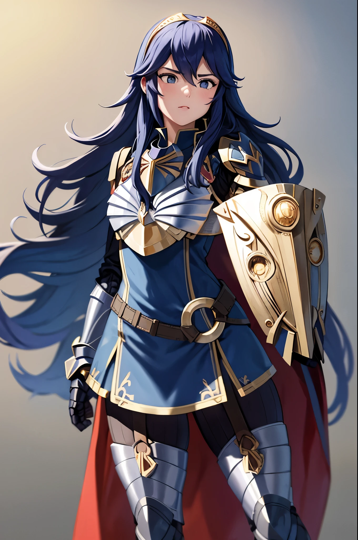 brvLucy, tiara, cape, full armor, breastplate, gauntlets, armored legwear, holding a shield