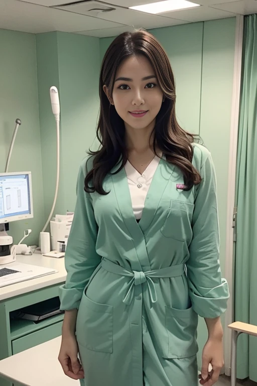 ((she is a doctor:1.1)), ((big tits:1.1)), (Wearing a scrub suit in the operating room:1.3), (doctor in a white lab coat:1.1), (Doctor's attire), masutepiece, Best Quality, Ultra-detailed, finely detail, hight resolution, 8K Wallpaper, Perfect dynamic composition, Beautiful detailed eyes, mid-chest, Natural Color Lip, Random and sexy poses, Smile,28 years beautiful women, Examination room, stethoscope