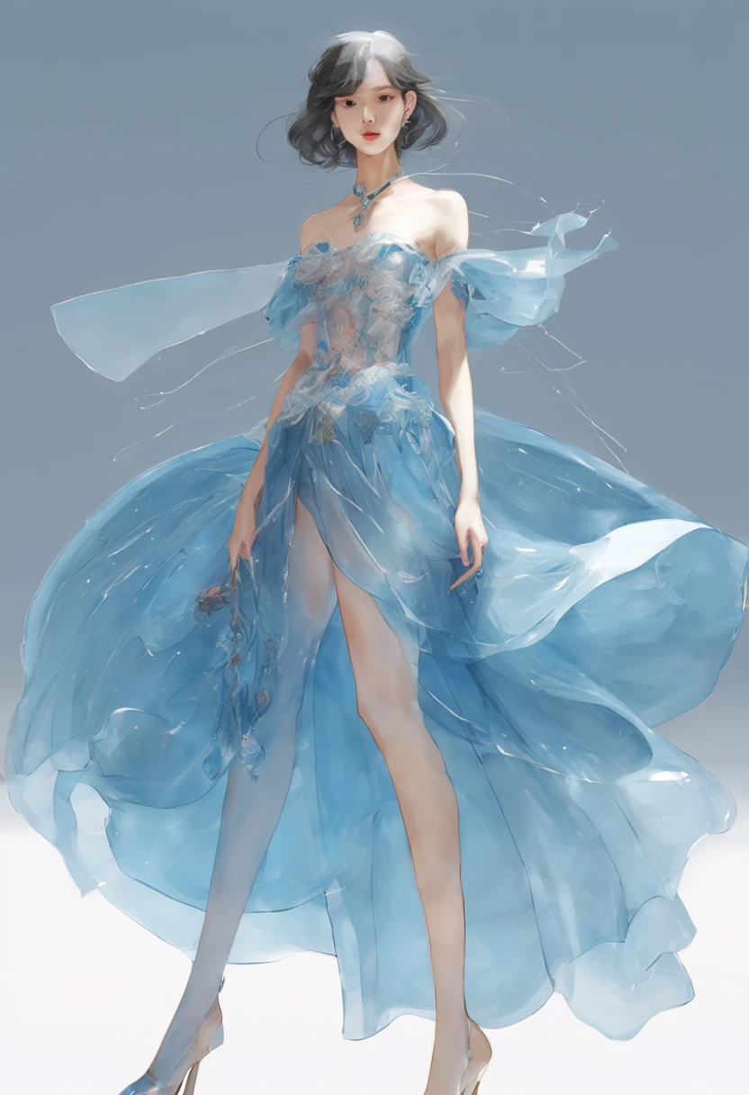 woman,Costume design drawings,Wearables made of glass,transparent的玻璃,pendant,necklace,hanging down,whole body,glaring,transparent,Nice collarbone,Straight thighs,Flowing skirt,blue