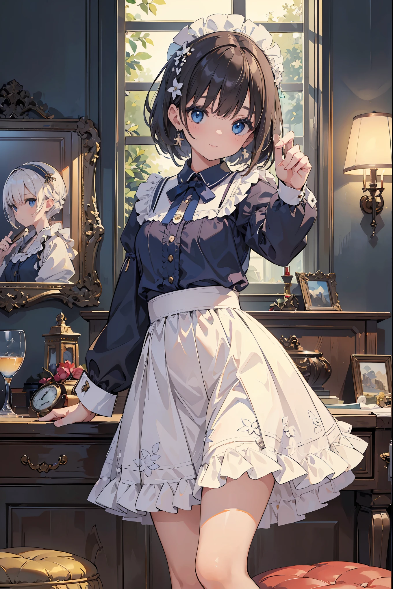 (Superlative work of the creator god: 1.4), (Absolute resolution: 1.4), (God of art's masterpiece: 1.4), Surrealist work, (Complex, detailed and realistic materials, textures, light sources: 1.3), (Perfect Anatomy: 1.2), Create a portrait of a character seated at a vintage wooden dressing table, with a serene morning light streaming through the window. The character is a young woman with lustrous medium-length brown hair, styled with a side braid and a delicate white floral hair clip. Her deep blue eyes are captivating, and her appearance is enhanced by subtle makeup. She is attired in a puff-sleeved blouse of a soft shade, topped with a fitted terracotta dress that flares slightly and is trimmed with ruffles. A navy blue bow adorns the neckline of her dress. The character is in the process of putting on an earring, with cosmetic items and a perfume bottle arranged on the table. The image should capture her reflection in the mirror, focusing on her face and the details of her attire. The room's ambiance is calm and cozy, with a warm, inviting color scheme. The aspect ratio is portrait. Legs: 1.4), (A pose that captivates men: 1.3), Smile, Seductive genius, Super detailed skin, (Best lighting by a famous artist: 1.2), 8K, ((Performing a charming pose by a famous master) Instruction: 1.6)),