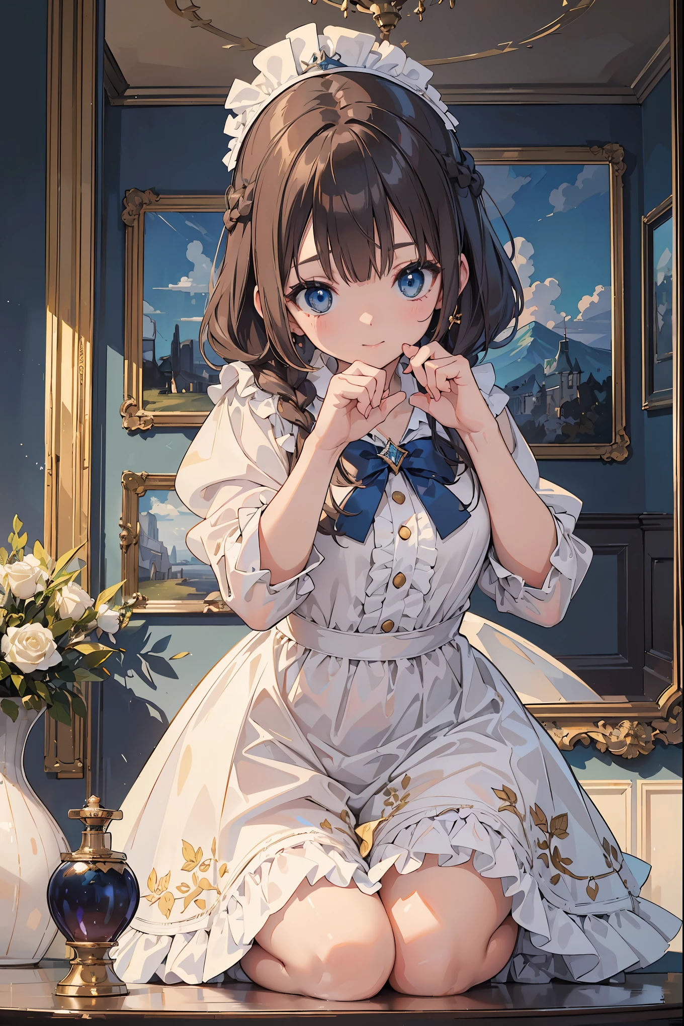 (Superlative work of the creator god: 1.4), (Absolute resolution: 1.4), (God of art's masterpiece: 1.4), Surrealist work, (Complex, detailed and realistic materials, textures, light sources: 1.3), (Perfect Anatomy: 1.2), Create a portrait of a character seated at a vintage wooden dressing table, with a serene morning light streaming through the window. The character is a young woman with lustrous medium-length brown hair, styled with a side braid and a delicate white floral hair clip. Her deep blue eyes are captivating, and her appearance is enhanced by subtle makeup. She is attired in a puff-sleeved blouse of a soft shade, topped with a fitted terracotta dress that flares slightly and is trimmed with ruffles. A navy blue bow adorns the neckline of her dress. The character is in the process of putting on an earring, with cosmetic items and a perfume bottle arranged on the table. The image should capture her reflection in the mirror, focusing on her face and the details of her attire. The room's ambiance is calm and cozy, with a warm, inviting color scheme. The aspect ratio is portrait. Legs: 1.4), (A pose that captivates men: 1.3), Smile, Seductive genius, Super detailed skin, (Best lighting by a famous artist: 1.2), 8K, ((Performing a charming pose by a famous master) Instruction: 1.6)),