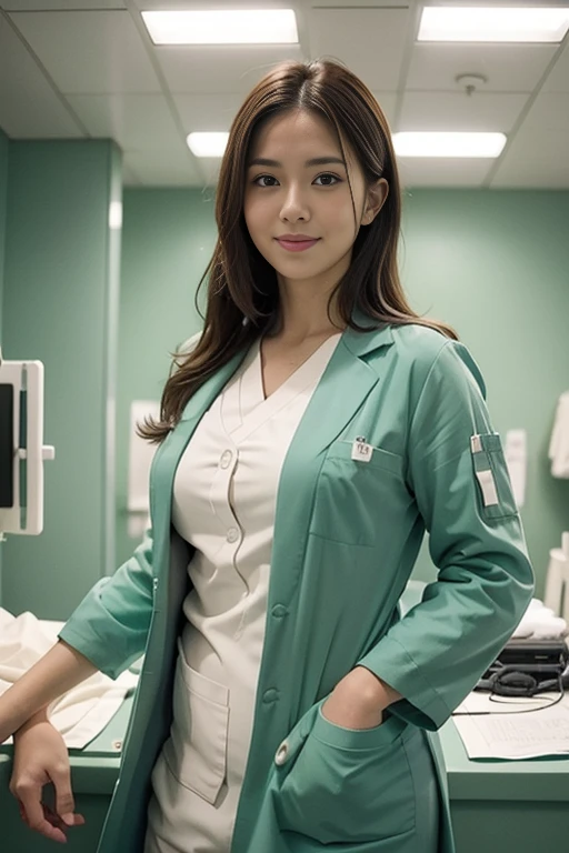 ((she is a doctor:1.1)), ((big tits:1.1)), (Wearing a green scrub suit & white lab coat in the operating room:1.3), (doctor in a white lab coat:1.1), (Doctor's attire), masutepiece, Best Quality, Ultra-detailed, finely detail, hight resolution, 8K Wallpaper, Perfect dynamic composition, Beautiful detailed eyes, mid-chest, Natural Color Lip, Random and sexy poses, Smile,28 years beautiful women, Examination room, stethoscope