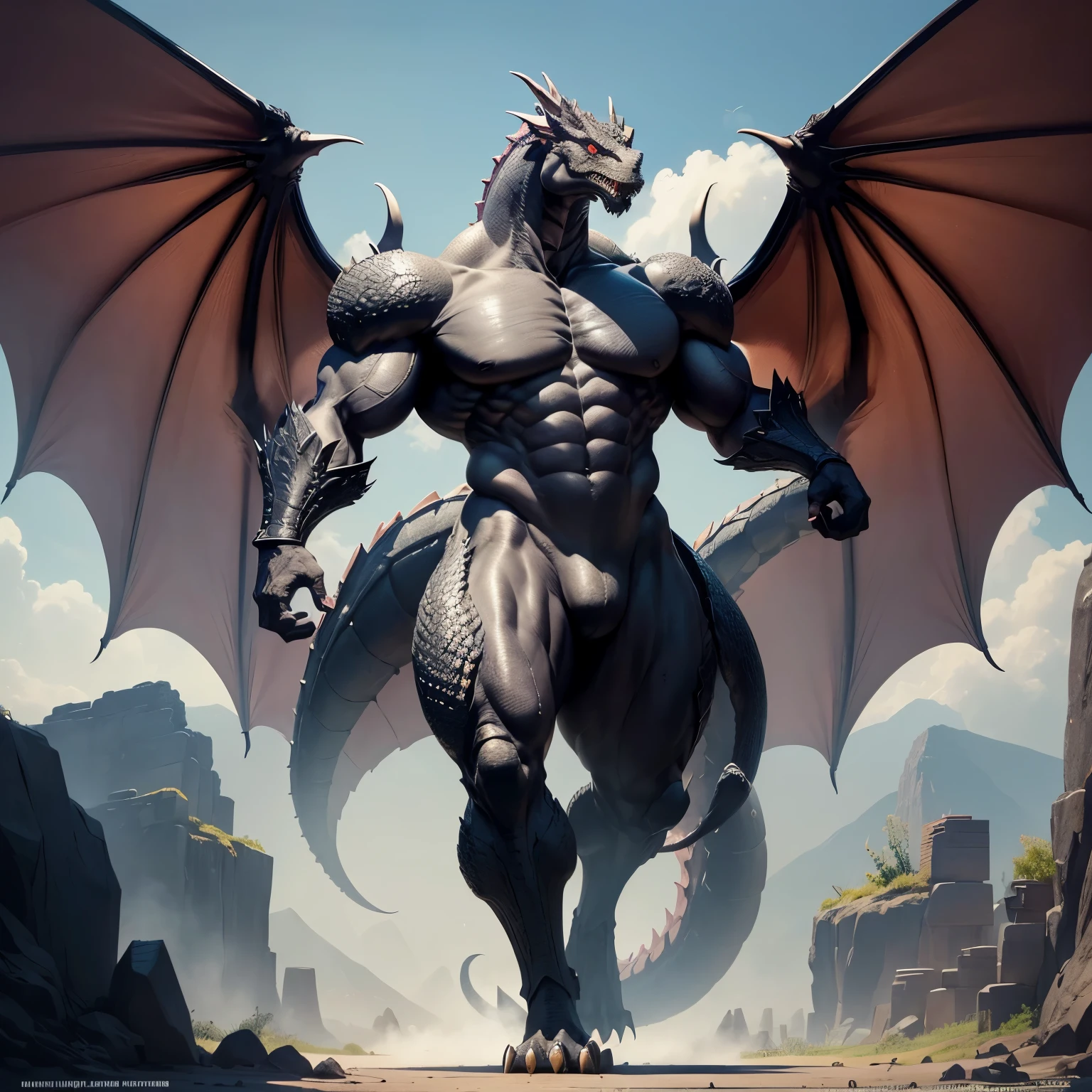 (big dragon,Western Dragon,The neck is lean and long,Handsome looking dragon head,Black Dragon:55),(Long Thick dragon tail,Dragon wings,The dragon legs are long and slender,Dragon arms are long,Dragon claws are sharp,Erect pupils,Very muscular and lean physique,Overwhelming presence:55),(Wearing heavy armor,Bodybuilding muscular black dragon,big dragon,Majestic wingspan:150),A garden,Whole body diagram