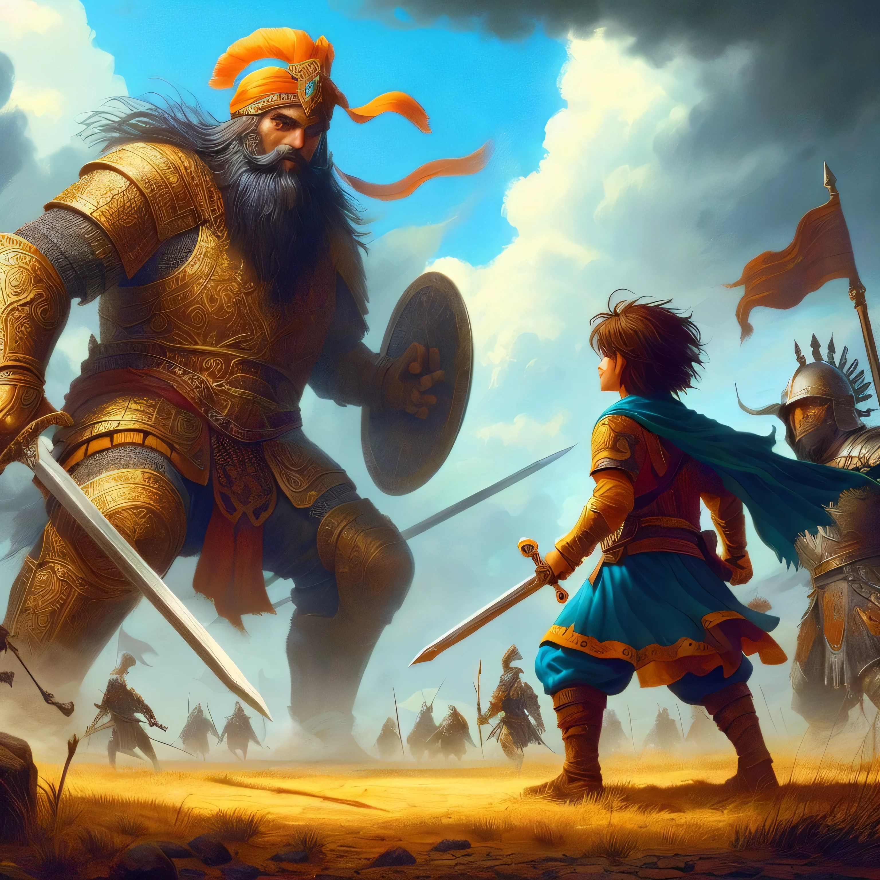 uma pintura de um homem e um garoto de armadura com espadas, arte de jogo de fantasia medieval, award - winning epic painting, epic rpg artwork, epic fantasy illustration, epic fantasy game art, epic battle scene, detailed game art illustration, epic fantasy card game art, epic fantasy card game art, epic colorful illustration, Symmetrical Epic Fantasy Art, epic fantasy digital art style