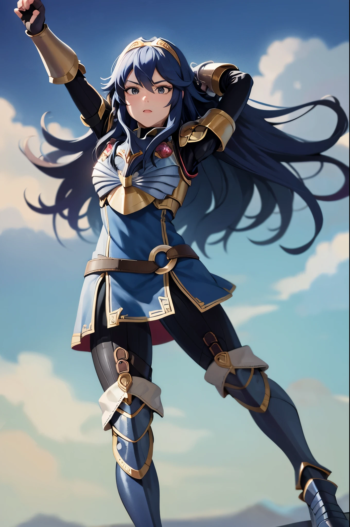 brvLucy, tiara, cape, full armor, breastplate, gauntlets, armored legwear, holding a shield with left arm, holding a sword with right arm