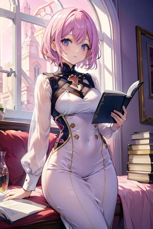 A pink haired woman with violet eyes with an hourglass figure and short hair is reading paperwork by a sunny window