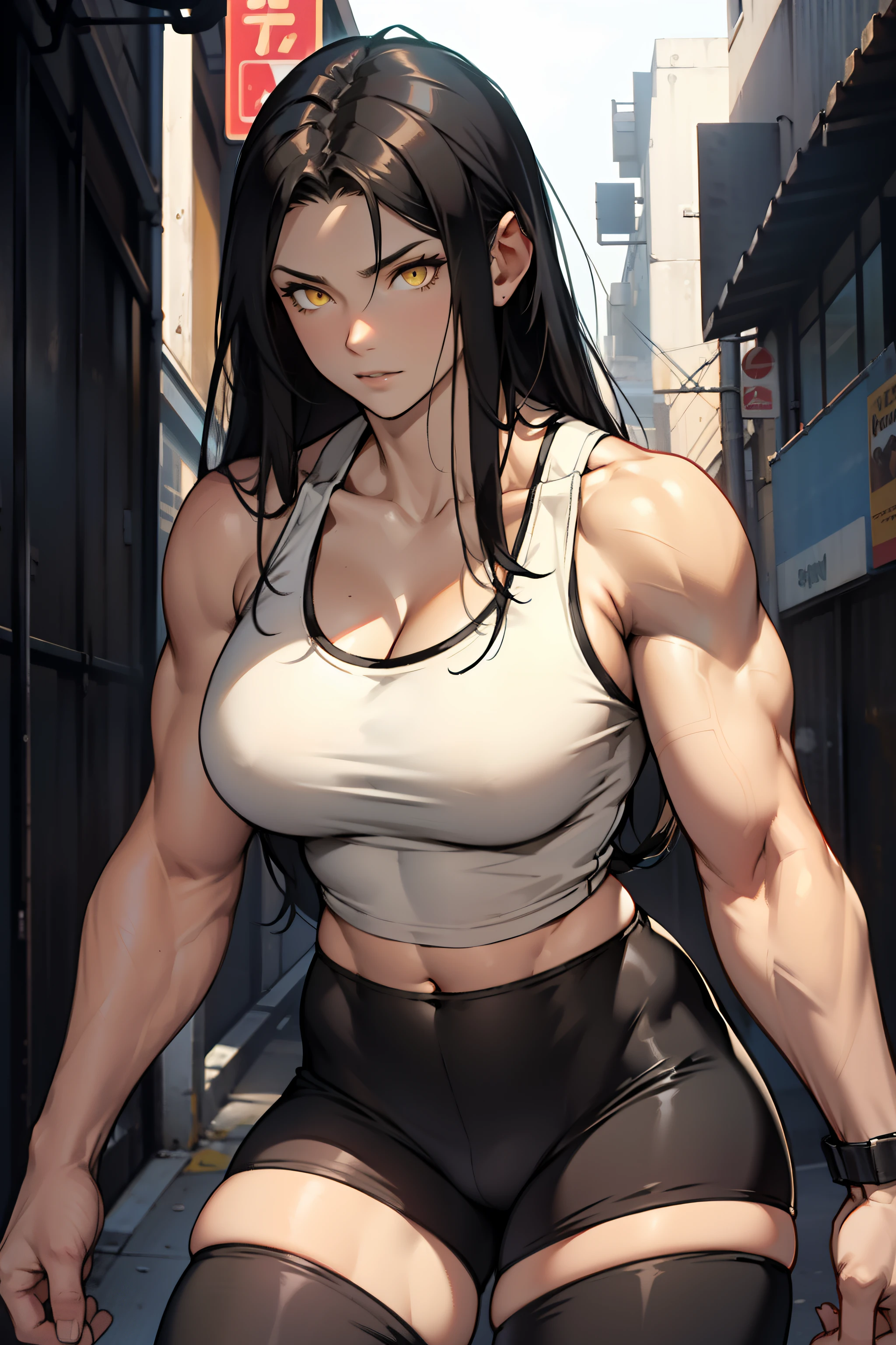 black hair, very long hair, yellow eyes, thick thighs, large breasts, (muscular), pale skin, leggings, tank top, toned body