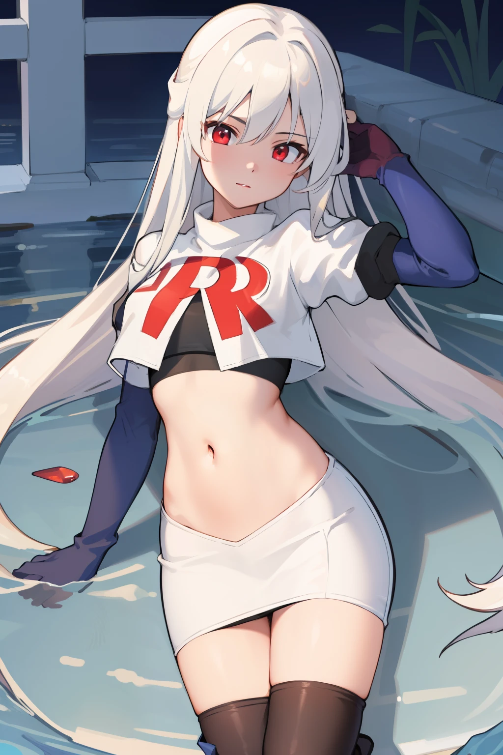 (8k uhd, masterpiece, best quality, high quality, absurdres, ultra-detailed, detailed background), JingliuV5, 1girl, solo, red eyes, looking at viewer, navel, jewelry, team rocket,team rocket uniform,white skirt,crop top,black thigh-highs,black elbow gloves