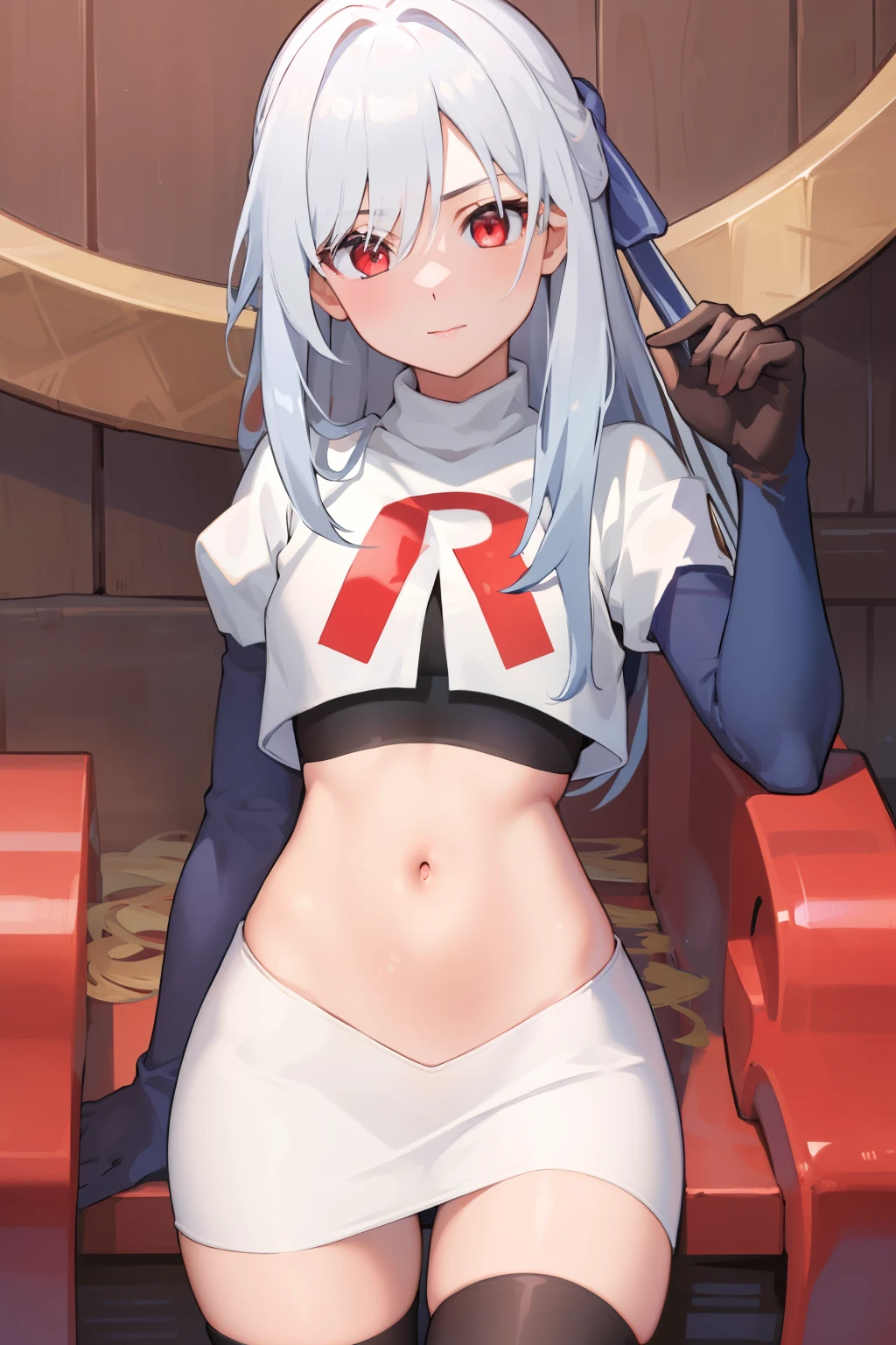 (8k uhd, masterpiece, best quality, high quality, absurdres, ultra-detailed, detailed background), JingliuV5, 1girl, solo, red eyes, looking at viewer, navel, jewelry, team rocket,team rocket uniform,white skirt,crop top,black thigh-highs,black elbow gloves