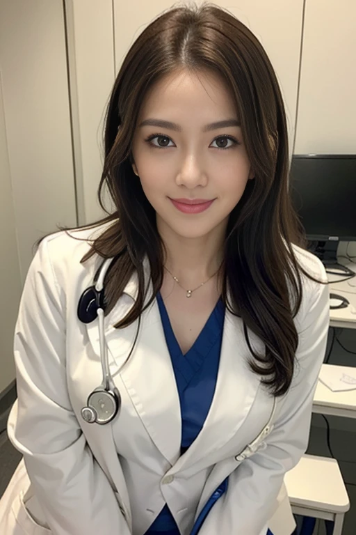 ((she is a doctor:1.1)), ((big tits:1.1)), (Wearing a white Casey-type lab coat in the examination room:1.3), (doctor in a white lab coat:1.1), (Doctor's attire), masutepiece, Best Quality, Ultra-detailed, finely detail, hight resolution, 8K Wallpaper, Perfect dynamic composition, Beautiful detailed eyes, mid-chest, Natural Color Lip, Random and sexy poses, Smile,28 years beautiful women, Examination room, stethoscope