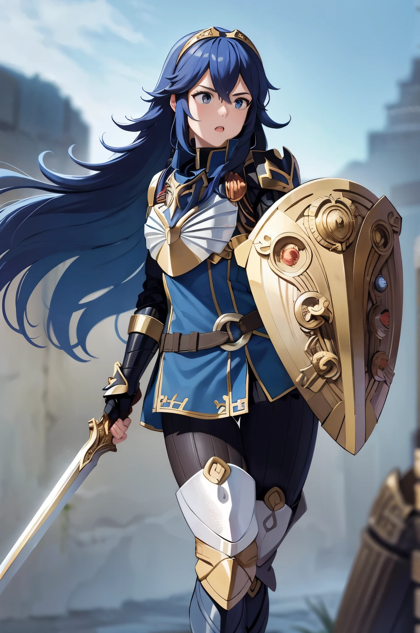 brvLucy, tiara, cape, full armor, breastplate, gauntlets, armored legwear, holding a shield with left arm, holding a sword with right arm