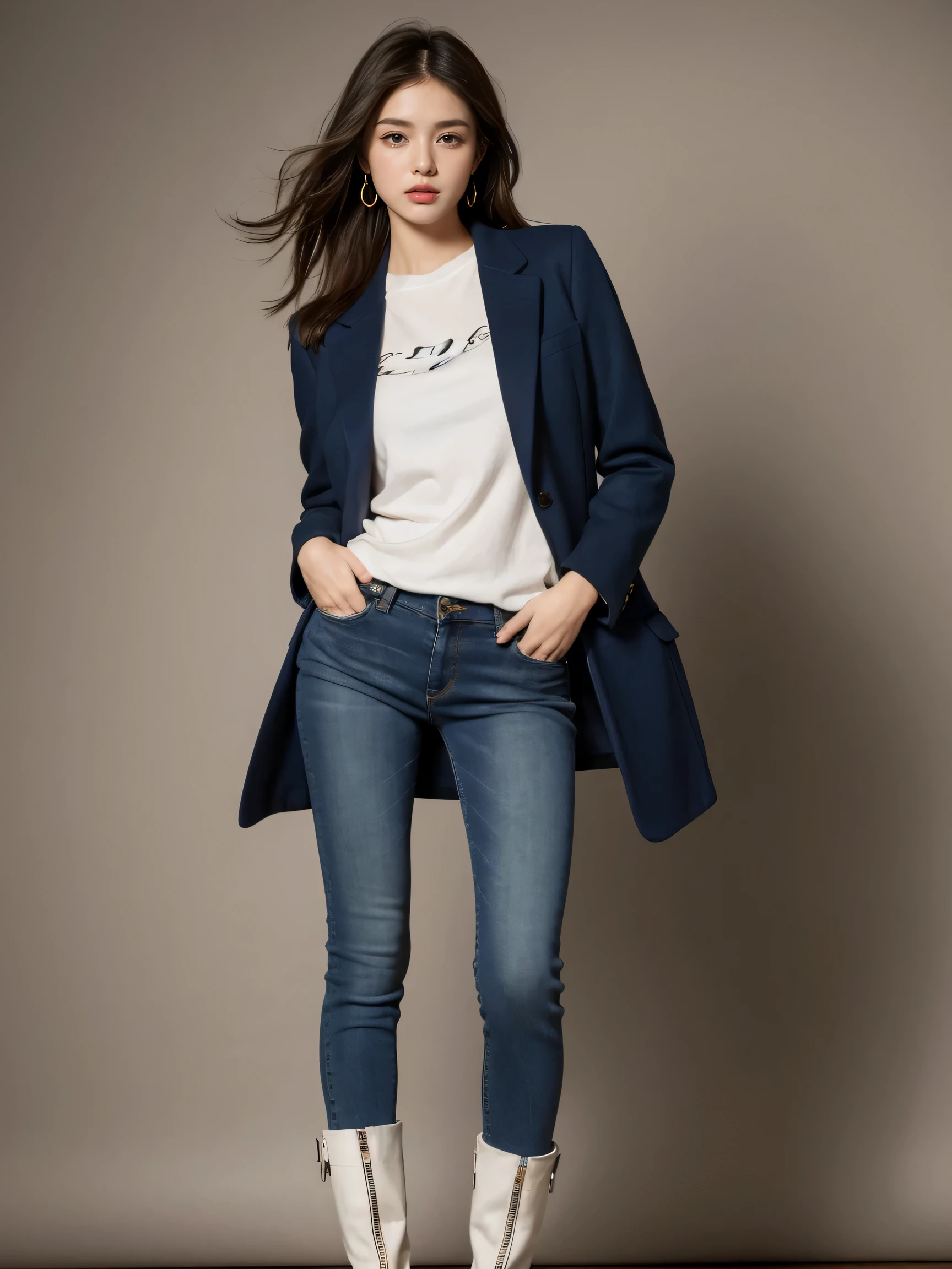 best quality,masterpiece,ultra high resolution,(actual:1.4),original photo,ultra high definition,8K,there is a girl,fashionable clothes,Temperament outfit,shirt,coat,jeans,boots,whole body,Cool sassy