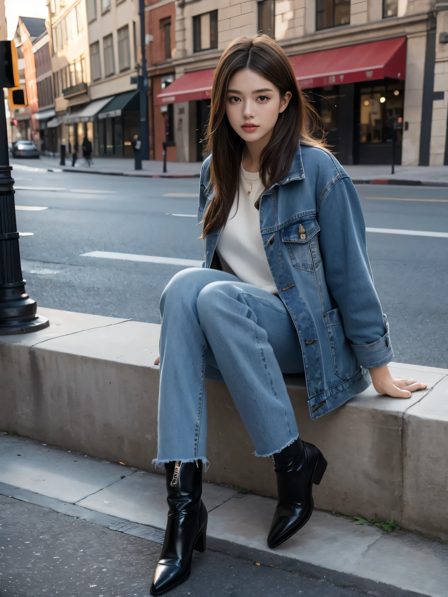 best quality,masterpiece,ultra high resolution,(actual:1.4),original photo,ultra high definition,8K,there is a girl,fashionable clothes,coat,jeans,boots,whole body