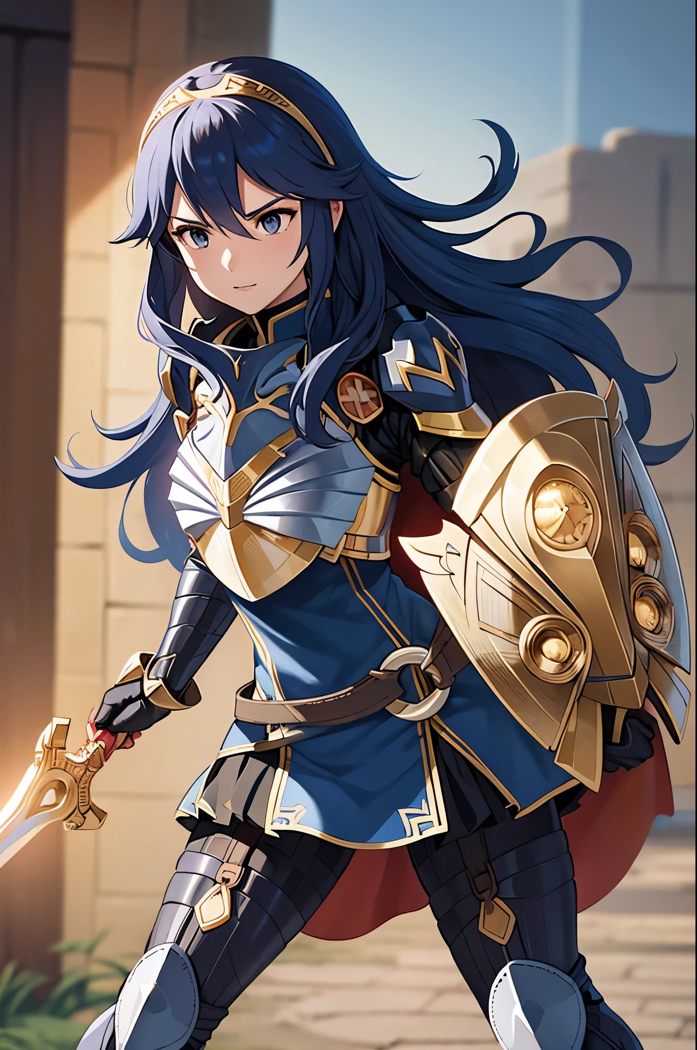 brvLucy, tiara, cape, full armor, breastplate, gauntlets, armored legwear, holding a shield with left arm, holding a sword with right arm