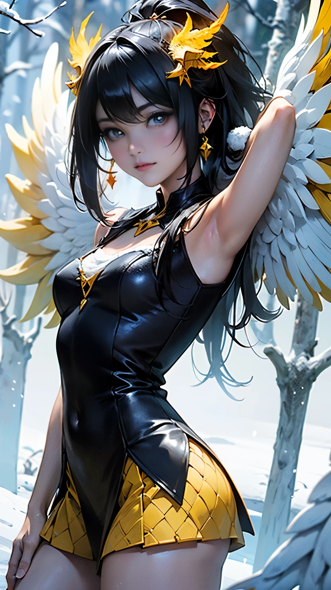 A high resolution, (highly detailed eyes), (big yellow eyes), ulzzang, Sharp focus, Pixiv masterpiece, ((Intricate details)), Highly detailed, 1girl, (black wings), Gold-white dress, White horns, Albedo_Overlord, Black hair, (Low wing,:1.1), Upper body, black background, gold dust, gold sparks, gold particles, (arms behind back), cleavage,