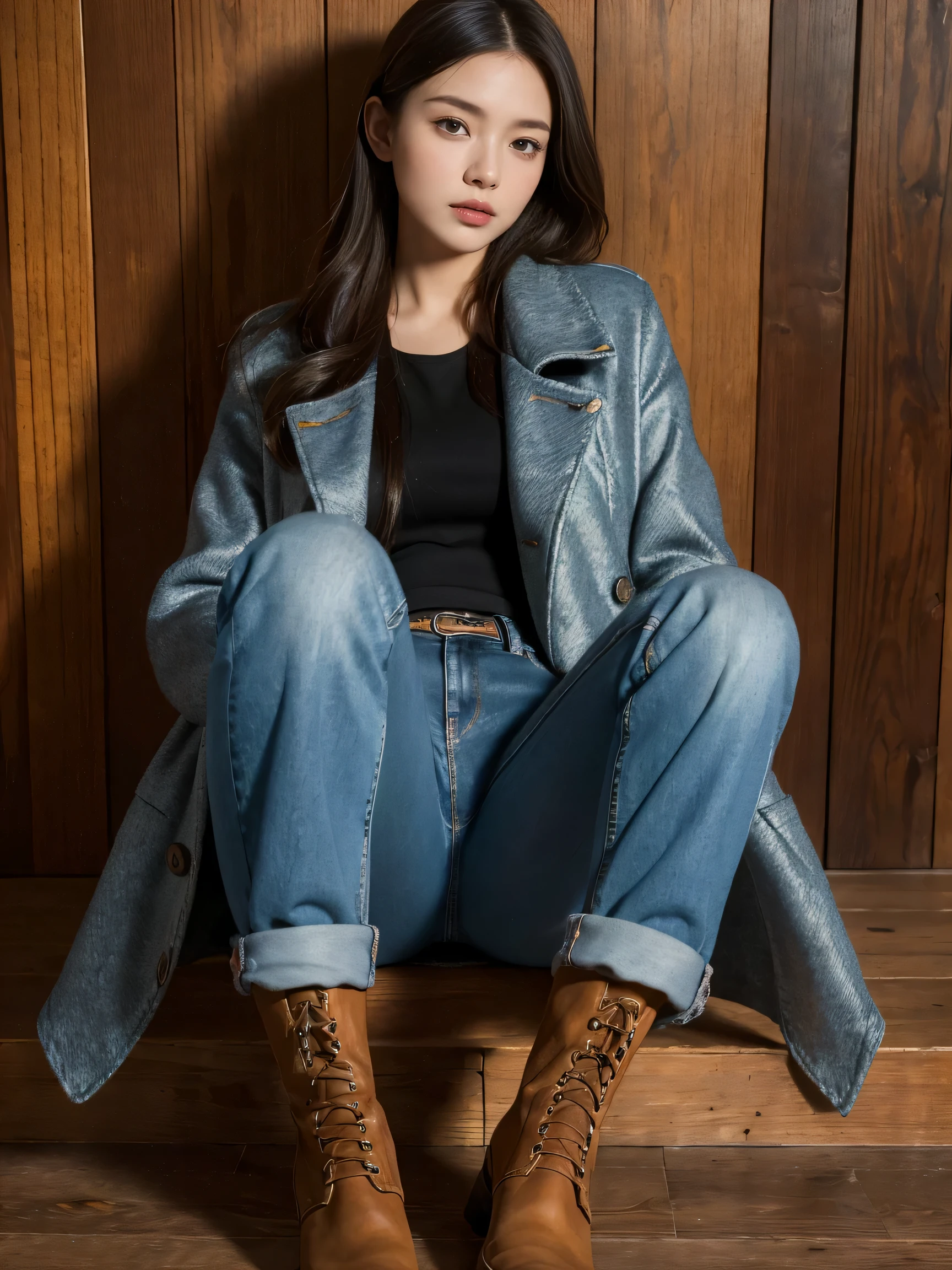 best quality,masterpiece,ultra high resolution,(actual:1.4),original photo,ultra high definition，8K，there is a girl，fashionable clothes，coat，jeans，boots，whole body