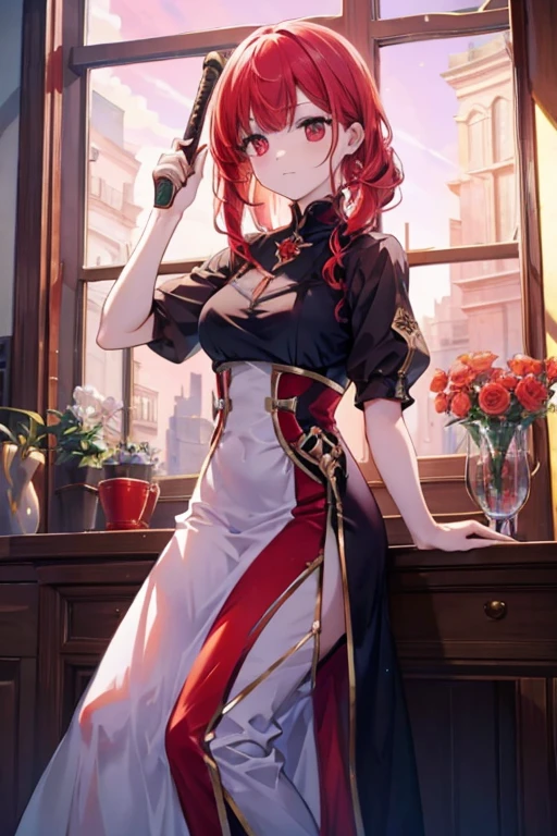 A  red haired woman with red eyes is polishing a sword by a sunny window