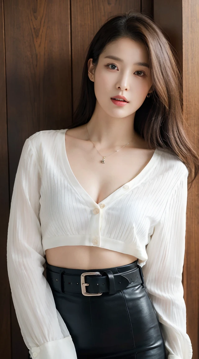 (top quality, high resolution, masterpiece: 1.3), tall and pretty woman, slender abs, dark brown hair styled with loose waves, chest, wearing pendant, white button-up shirt, belt, black skirt, (modern architecture in background), exquisitely rendered details on face and skin texture, detailed eyes, double eyelids, no bra, shirt fitted to bare skin, from above