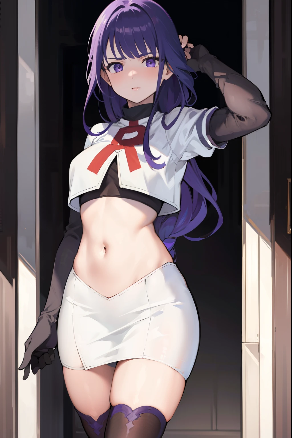 (Highest quality,Masterpiece,8k),((Pale skin)),1girll,Solo Woman,((Genshin_impact,Raiden general)), Sexy beautiful anime girl,Raiden general, Mole under eye, Long purple hair, hair ornaments, rosy lips,Anime mouth, A sexy mature woman,Detailed eyeusty figure, team rocket,team rocket uniform, red letter R, white skirt,white crop top,black thigh-highs,black elbow gloves,