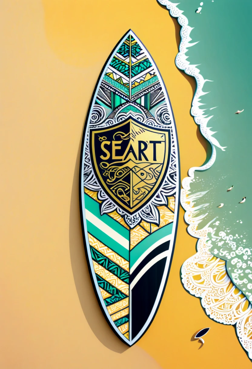 a surfboard with a shield drawn on the bottom where it says, "seaart". (best quality,4k,highres),zentangle art,surfboard,origami,a surfboard with a shield drawn on the bottom where it says, "seaart",detailed patterns,dark color palette,creative lighting,sharp focus,line art,fine details,vibrant colors,abstract representation,beach scene,water waves,summer vibes,relaxing atmosphere,crisp edges,artistic composition,contrast of textures,stylized elements,hand-drawn feel,natural elements,beautiful craftsmanship,impressive intricacy,unique design,inspired by nature,artistic expression,harmonious balance,wave-inspired motifs,abstract and symbolic elements, a surfboard with a shield drawn on the bottom where it says, "seaart"