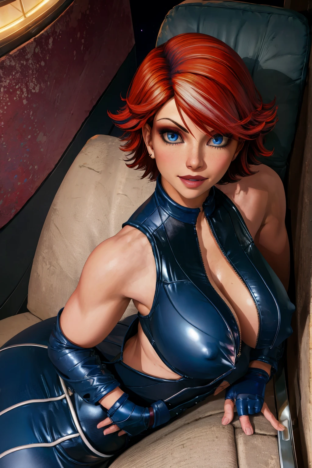 Joanna Dark,solo,short hair,blue eyes,red hair,  blush,  sitting,  from above, 
Blue cropped jacket, bodysuit,gloves,fingerless gloves,unzipped cleavage,    nipples, 
standing, upper body, smile,  teeth, close up, 
cruise ship, night, stars, 
(insanely detailed, beautiful detailed face, beautiful detailed eyes, masterpiece, best quality)