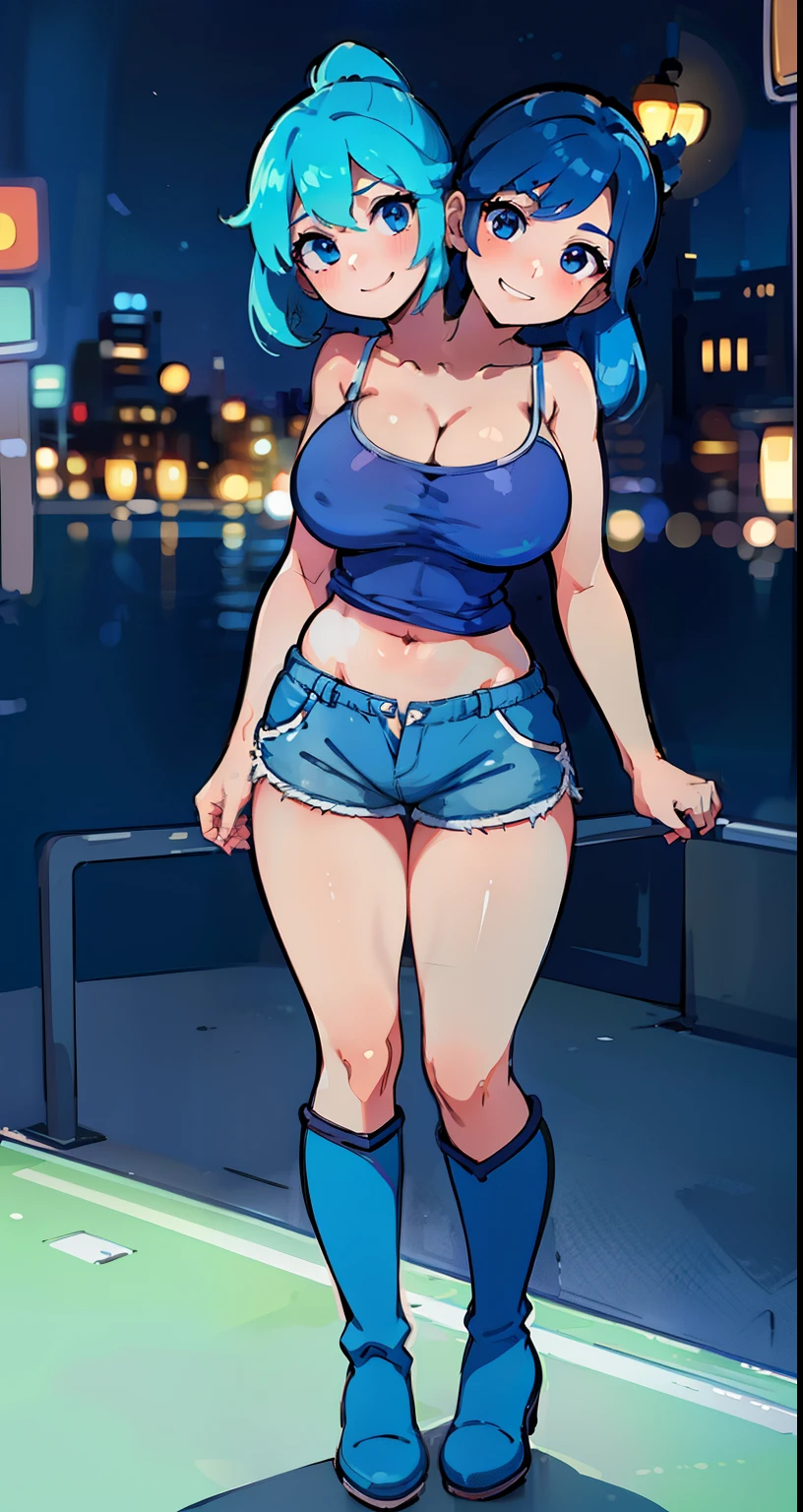 bbest quality, (masterpiece),(ultra-detailed), (high quality), (high resolution), (2heads:1.5) Gal, azure blue hair, large breasts, thighs, shorts, cleavage, blue mini shorts, (close shot,best quality:1.5, highres, UHD, 4K), city street background, smiling, blue tank top ((white t shirt)), black eyes, ((night city background)), blue boots, ((full body)), strong girl, ponytail