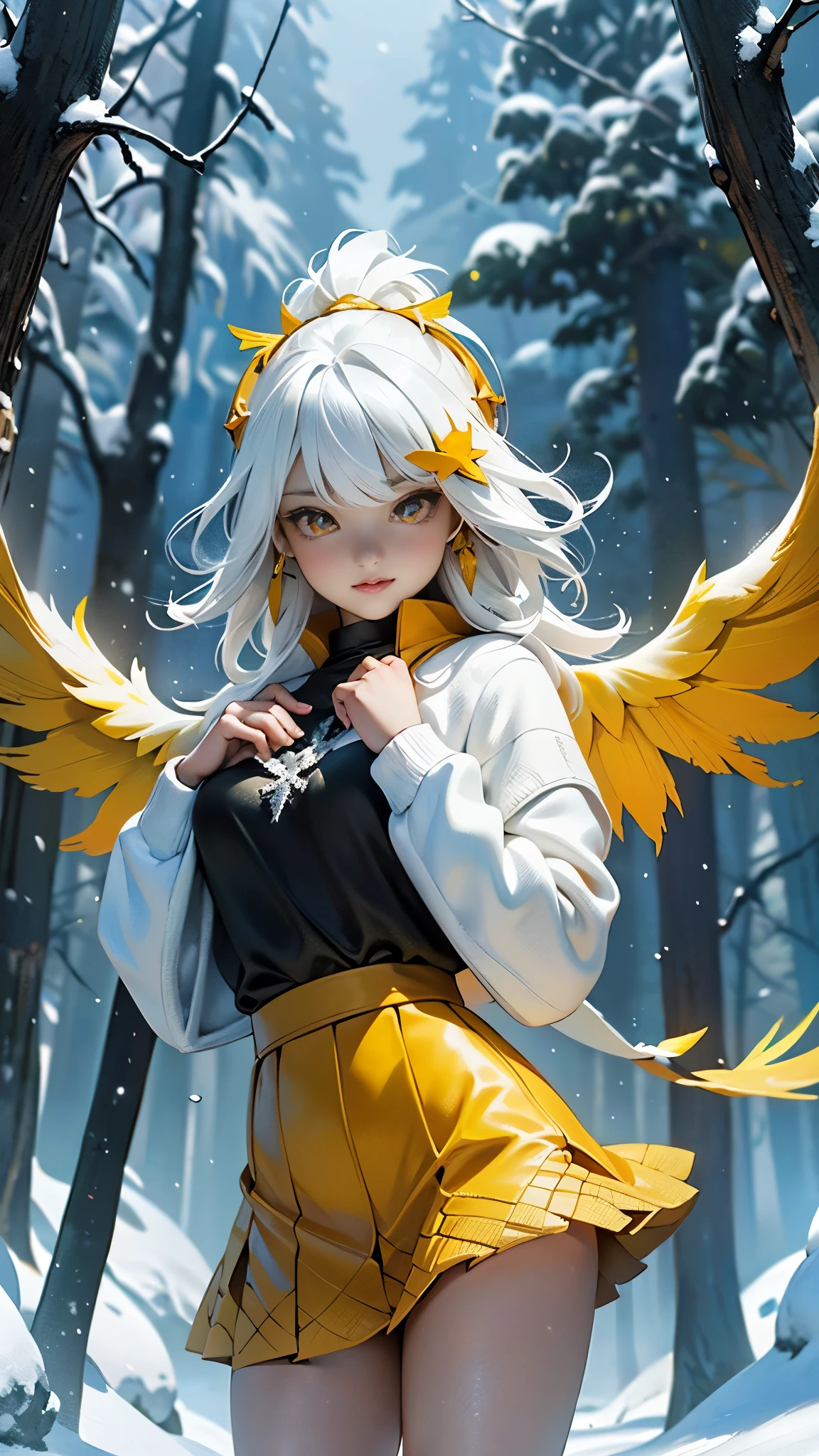 anime girl, long white hair, yellow pupils, and big wings