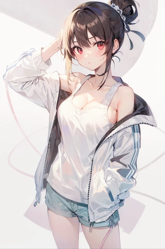 (((highest quality, High resolution, Japan Manga))) , red eyes, 1 girl, alone, looking at the viewer, topknot,bun hair, black hair, long sleeve, cleavage, medium breasts, closed mouth, clavicle, white tank top, Open Parka, black hoodie, shorts,cool beauty,Two-dimensional beautiful girl,Japan anime beautiful girl,Tie your hair with a red string