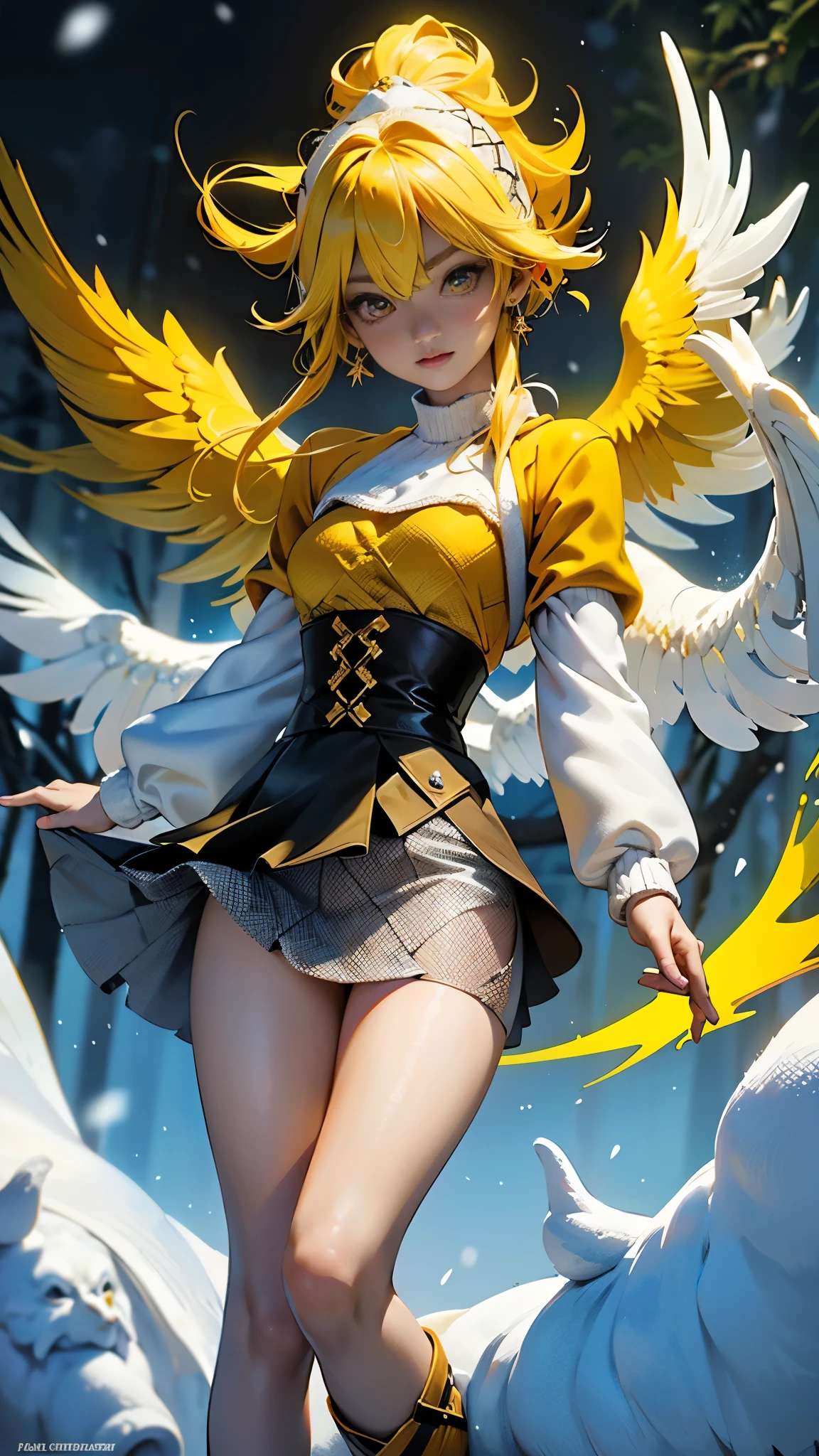 Fondo de pantalla CG Unity 8k altamente detallado, With the highest quality, obra maestra, Realista, fotos realistas, Sharp focus：1.2、Estilo perfecto,Ariana  Grande demon amarillo, (extremely lindo and beautiful demon amarillo haired chica:1.4),(pechos grandes:1.4),(short amarillo hair:1.35,golpes,pelo interior coloreado,ear breathing),(hermosos ojos azules),(piel brillante:1.5,piel bronceada,piel brillante:1.5,latex,(amarillo theme:1.2),(amarillo tone:1.2),tono negro,((Ombligo)), ((snowy amarillo:1.5)),invierno,escenario:1.25,((intrincado escenario)),((snowy forest background frozen white trees:1.4)),white tree, (Perfect anatomy ),(cabello amarillo corto:1.5), (miniskirt amarillo:1.4) ,(seaArt 2.1) ,More detailed 8K.motor irreal:1.4,UHD,La mejor calidad:1.4, fotorrealista:1.4, textura de la piel:1.4, obra maestra:1.8,obra-prima, mejor calidad,objeto Objeto], (detailed face features:1.3),((Las proporciones correctas)),convexo，(Dedos de camello)，(fishnet:1.4), (yellow phoenix wings:1.4) 