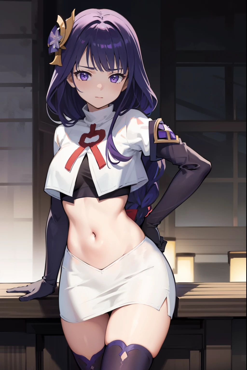 (Highest quality,Masterpiece,8k),((Pale skin)),1girll,Solo Woman,((Genshin_impact,Raiden general)), Sexy beautiful anime girl,Raiden general, Mole under eye, Long purple hair, hair ornaments, rosy lips,Anime mouth, A sexy mature woman,Detailed eyeusty figure, team rocket,team rocket uniform, red letter R, white skirt,white crop top,black thigh-highs,black elbow gloves,