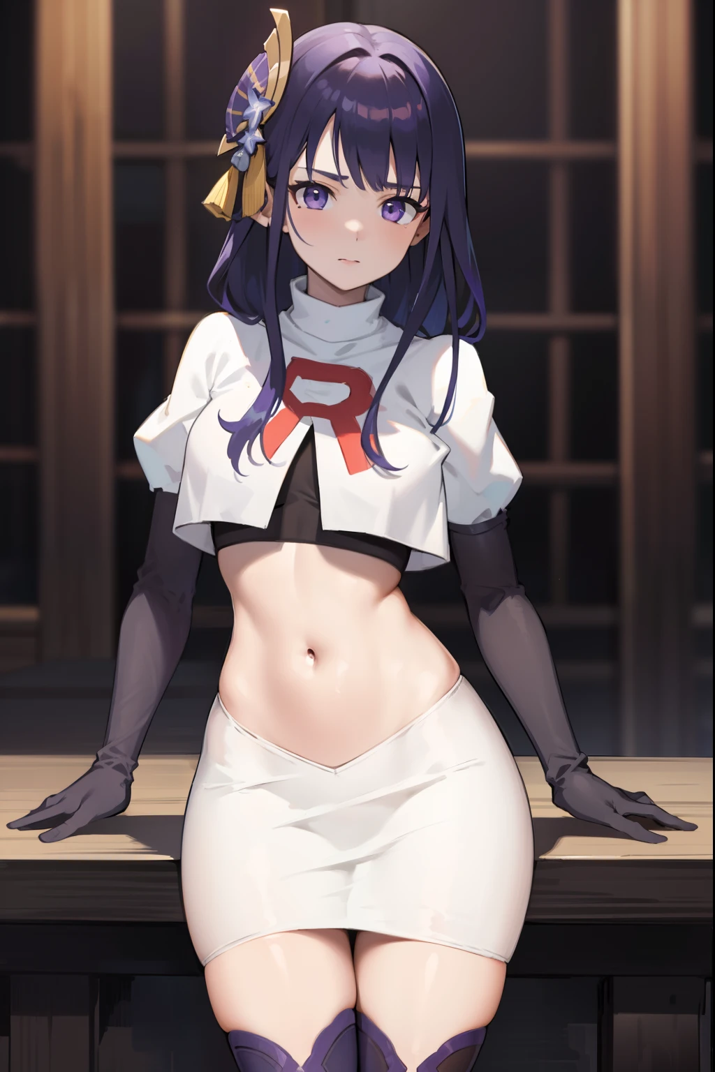 (Highest quality,Masterpiece,8k),((Pale skin)),1girll,Solo Woman,((Genshin_impact,Raiden general)), Sexy beautiful anime girl,Raiden general, Mole under eye, Long purple hair, hair ornaments, rosy lips,Anime mouth, A sexy mature woman,Detailed eyeusty figure, team rocket,team rocket uniform, red letter R, white skirt,white crop top,black thigh-highs,black elbow gloves,