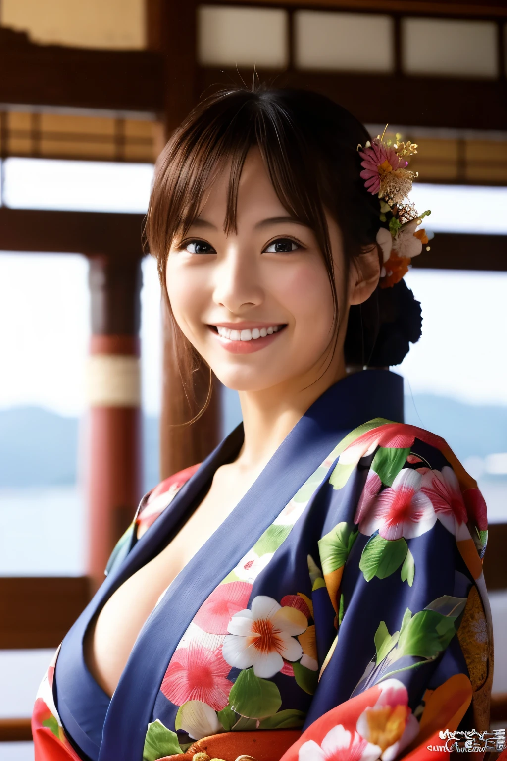 beautiful japanese woman、kimono、big breasts、highest quality、masterpiece、ultra high resolution、photorealistic、Look at the horizon、smile