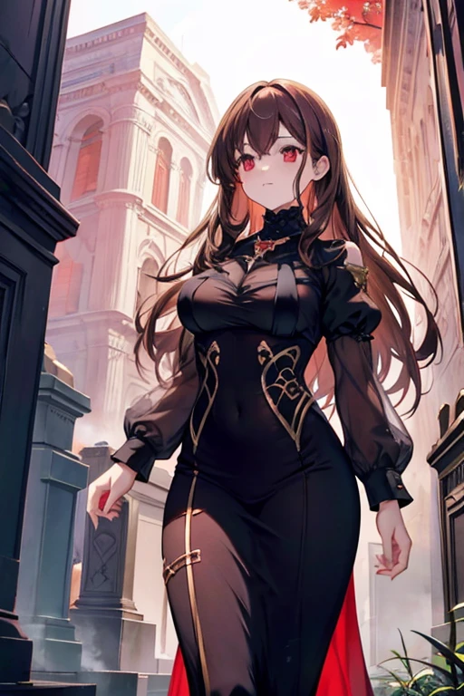 A brown haired woman with red eyes with an hourglass figure is walking through a cemetery in gothic clothing