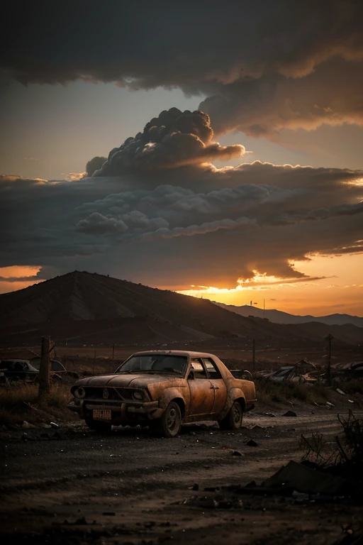 in an apocalyptic scenario, the landscape is a grim vision of desolation and chaos. The sky is covered in dark clouds, dyed red and orange hues due to fires and pollution. Ruins of buildings rise like skeletons of a bygone era, with debris scattered everywhere. O solo, Formerly fertile, turned into a mixture of barren land and debris. The horizon is marked by distorted silhouettes of burned structures, while toxic smoke hangs in the air.

The absence of life is palpable, with dead plants and gnarled trees. O vento sopra poeira e cinzas, criando uma atmosfera sufocante. The only noticeable sound is the howl of the wind through the abandoned structures. The scene is illuminated by a dark light, creating deep shadows and accentuating the feeling of despair.

No primeiro plano, lonely and desperate figures walk the empty streets, carregando o peso de um mundo que se desfez. abandoned vehicles, corroded by time, are scattered throughout the streets, testemunhando o colapso da sociedade. It is a vision of a world that has succumbed to catastrophic events, where hope seems to have completely disappeared.