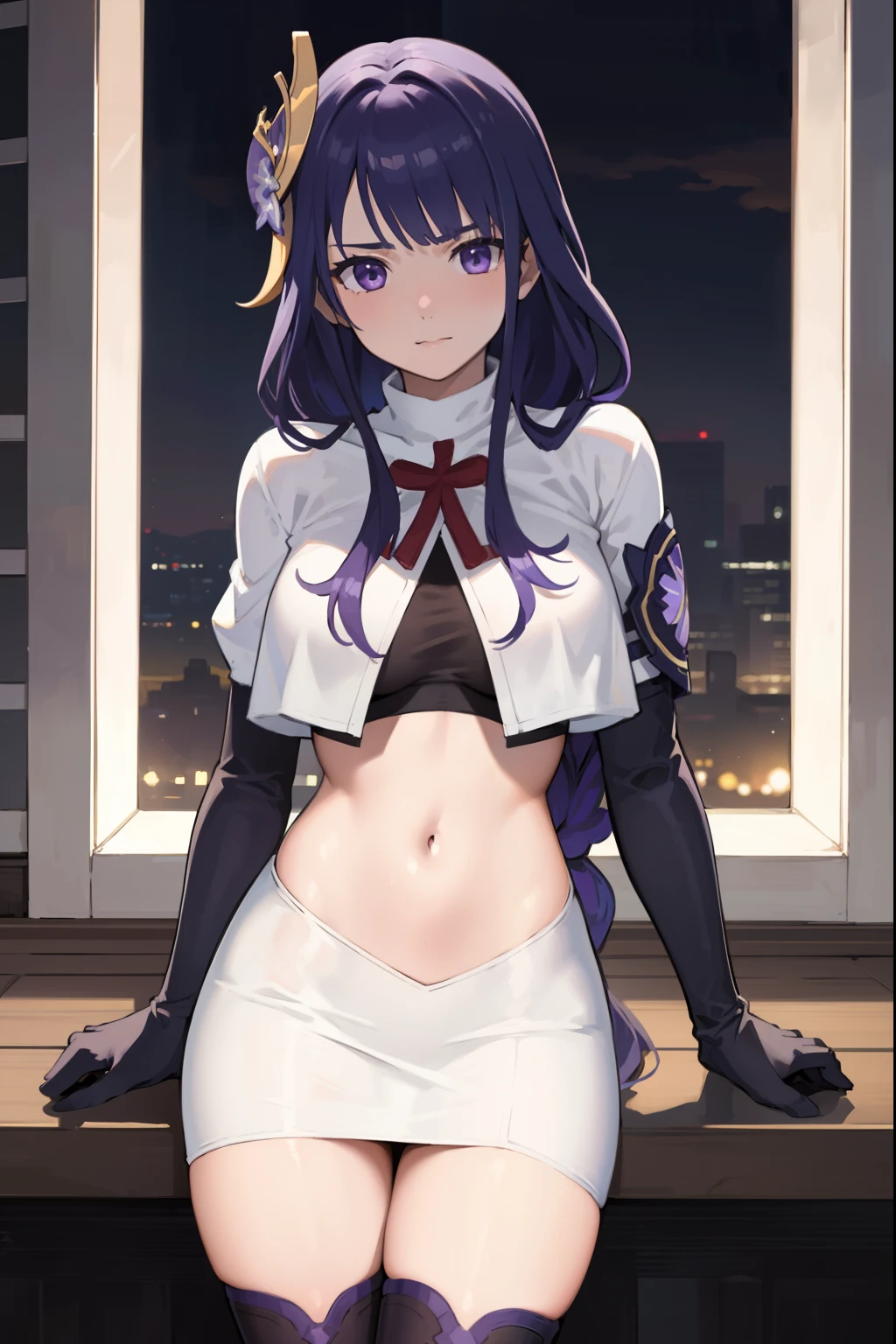 (Highest quality,Masterpiece,8k),((Pale skin)),1girll,Solo Woman,((Genshin_impact,Raiden general)), Sexy beautiful anime girl,Raiden general, Mole under eye, Long purple hair, hair ornaments, rosy lips,Anime mouth, A sexy mature woman,Detailed eyeusty figure, team rocket,team rocket uniform, red letter R, white skirt,white crop top,black thigh-highs,black elbow gloves,