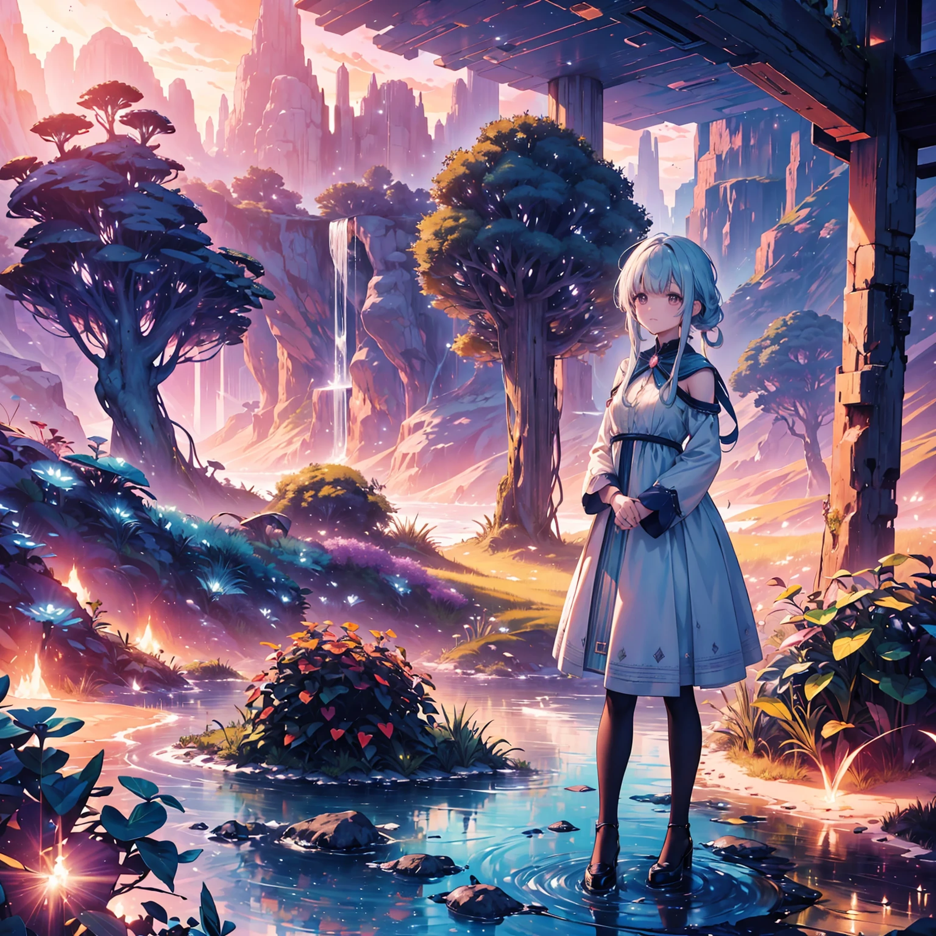 A planet that has stopped rotating, eternal twilight, a genius magician girl once in 5000 years, Cast a spell and spin again. tag: sunset, magic planet, genius magician girl, Cast powerful spells, eternal twilight, rotating planet, mysterious atmosphere, 魅惑的なart style, Bright colors, Detailed celestial objects, starry sky, magic spells, captivating scene, Enchanting magic, fantastic scenery, Powerful magic, Celestial phenomena. image quality: (highest quality, 4K, 8K, High resolution, masterpiece:1.2), super detailed, (realistic, photorealistic, photo-realistic:1.37), HDR, UHD, studio lighting, extreme details, Professional, Physically based rendering, sharp focus, Bright colors. art style: fantasy, magical realism, concept art, surrealism, fantastic scenery. color palette: Bright purple, deep blues, Warm orange, Soft pink, Dreamy pastel colors. lit: soft golden hour lighting, Gentle shine, soft shadow, Magic rays, fantastic brightness.