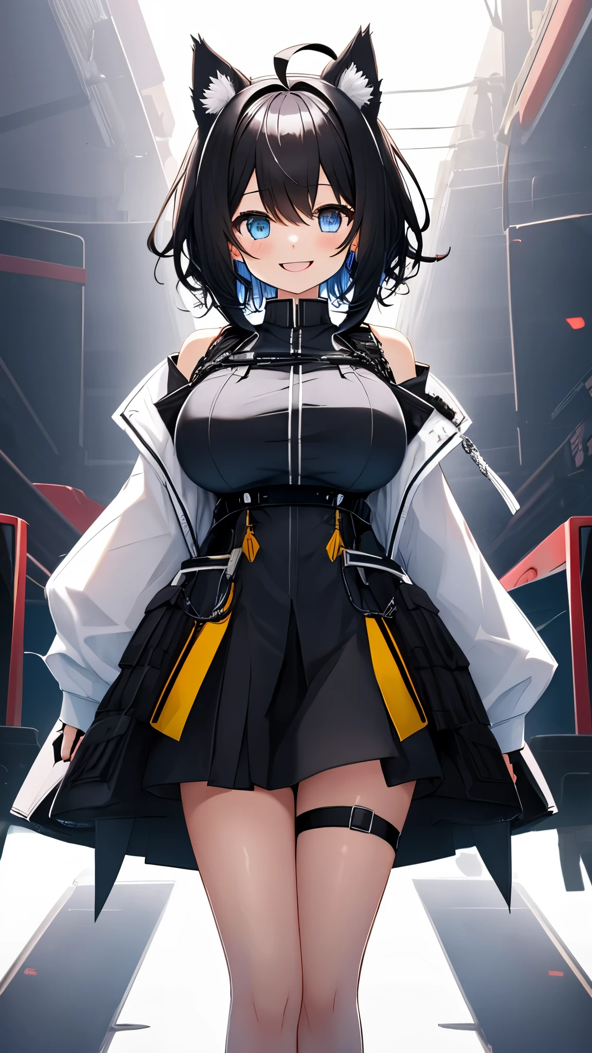on lap,((((upright)))), ((((stand up)))), looking at the viewer, simple background、white background, 1 girl, open your mouth, smile, Virtual YouTuber、with a girl、((highest quality, expensive_solve, clear_image)),(black hair), (black cat ears), (Ahoge), (ridiculously short hair), (wavy hair), (blue eyes),、laughter、very big breasts、((concept art))、((front))、Wearing a black military uniform dress。Chain on shoulder