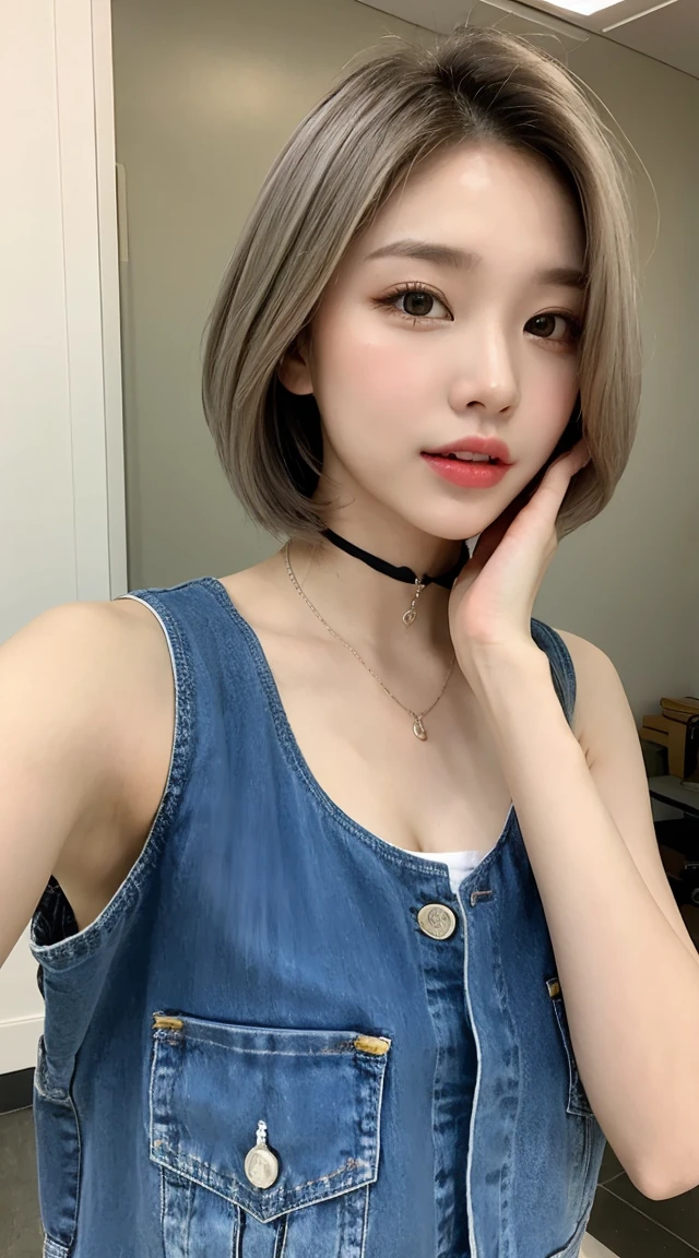 Upper body, newspaper background, beautiful Asian girl photos, cool feelingadvanced photos, western beauty, shoulder length white hair with a pinch of bluered suspender sleeveless vest, Jean jacket, white lace line around the neck, artistSargent's color, realistic facial features, beautiful lights, extremely beautiful facialdetails and delicate eyes, clear and three-dimensional facial features, 32K