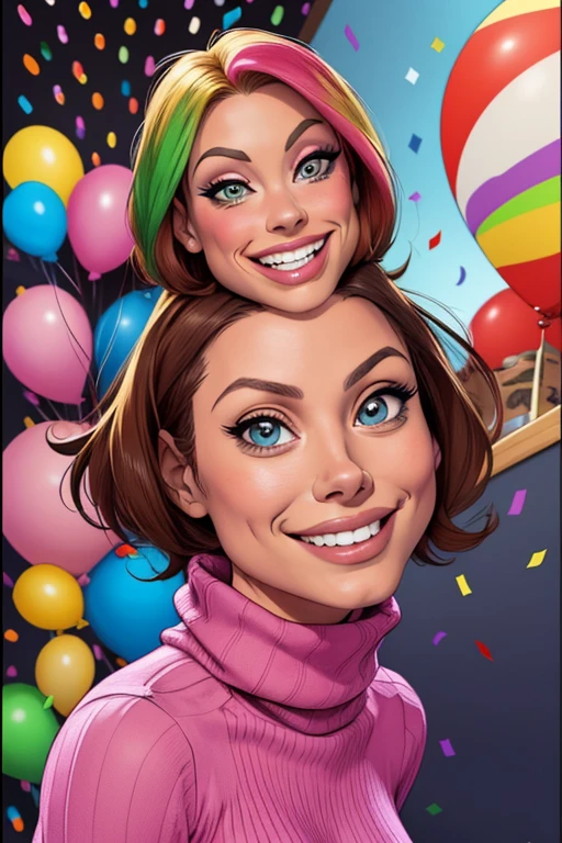 (cartoon style:1.2),  drawing of ([Jessica Chastain|Kelly Ripa|Mila Kunis]), wearing baggy turtleneck sweater, big grin, perfect eyes, detailed face, party background, fun pose, flirty look, confetti, balloons