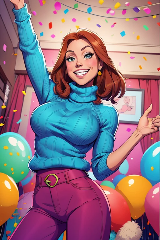 (cartoon style:1.2),  drawing of ([Jessica Chastain|Kelly Ripa|Mila Kunis]), wearing baggy turtleneck sweater, big grin, perfect eyes, detailed face,  background, fun pose, flirty look, confetti, balloons A garota negra estava sozinha em um quarto, vestindo roupas curtas. She wore tight panties that didn&#39;t cover her entire ass., leaving half of the buttocks exposed. Her shorts were pressed between her buttocks, e ela usava um top rosa. Seus cabelos eram ondulados e grandes, o rosto estava corado, and she had big lips. The tight pajama panties further accentuated the exposure of the butt.. Her face showed lust as she bit her lower lip, onde havia um piercing.